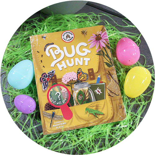 The Backpack Explorer Bug Hunt Book, surrounded by green easter grass and colorful easter eggs.